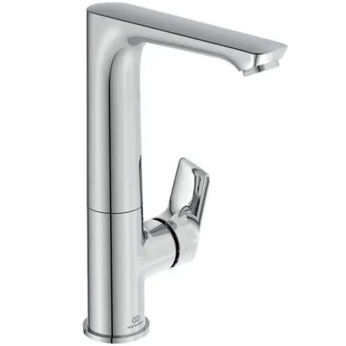 Chromfarbener Wasserhahn von Ideal Standard mit schwenkbarem Auslauf und einem Hebel zur Steuerung des Wasserflusses.